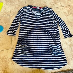 Blue and White Raglan Long Sleeve V-Neck Dress